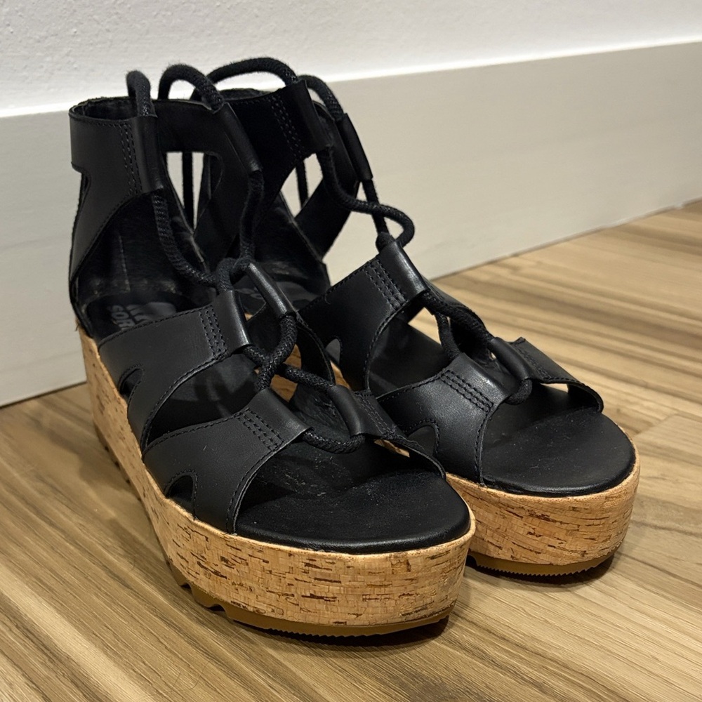Sorel Black Wedge Sandals with Cork Sole
